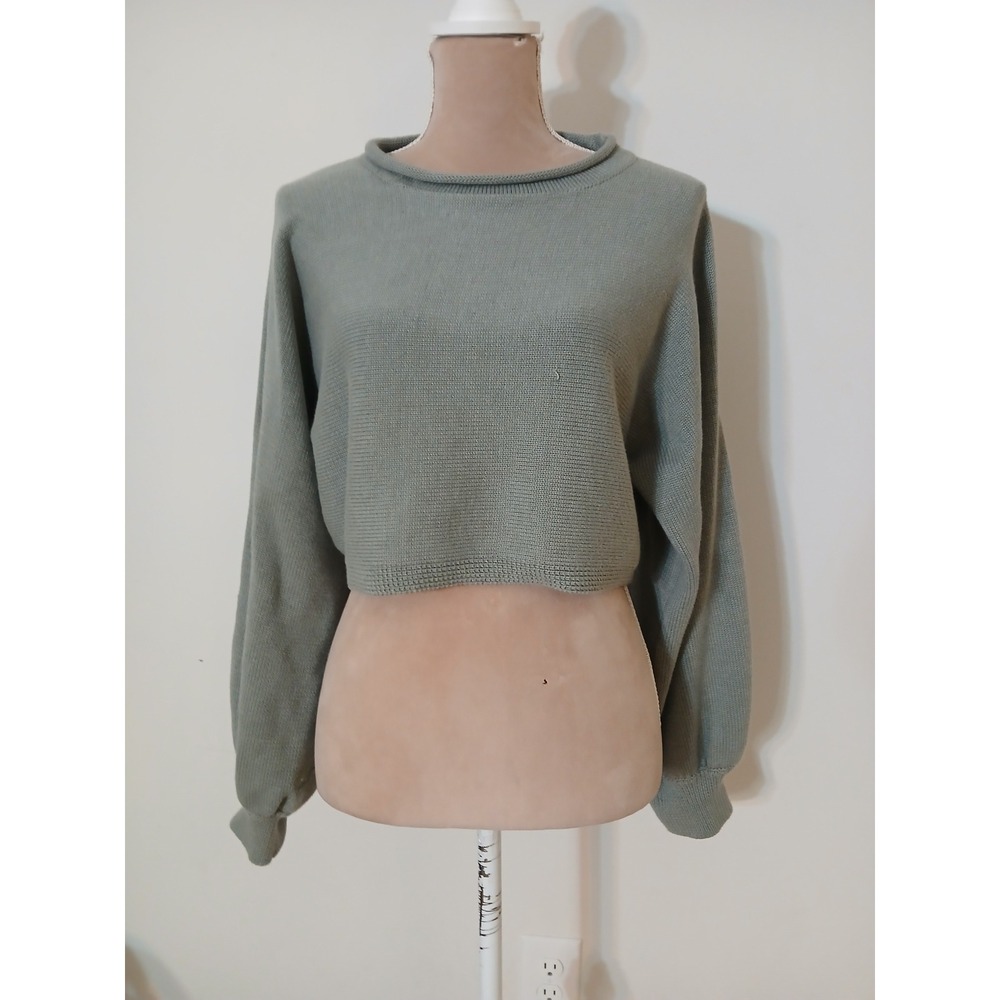 Mable Green Cropped Knit Sweater Rolled Neck Balloon Sleeve Boxy Medium Large